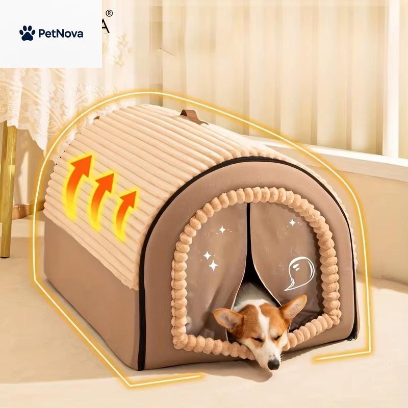 Thickened All-Season Enclosed Pet Bed Portable Dog House Cat Tent with Washable Bedding for Small Medium Large Dogs
