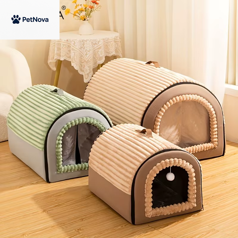 Thickened All-Season Enclosed Pet Bed Portable Dog House Cat Tent with Washable Bedding for Small Medium Large Dogs